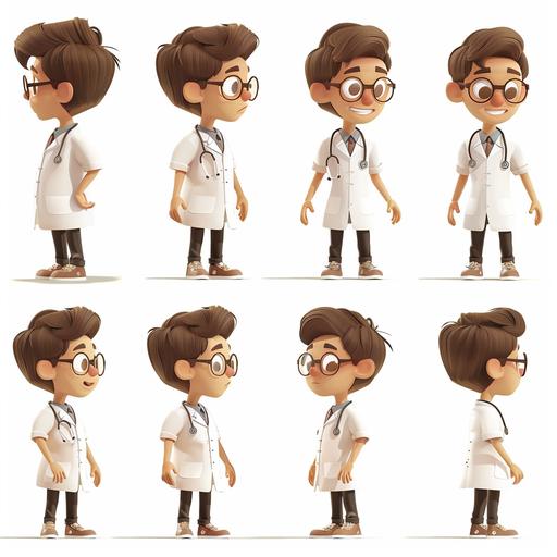 Create a character in various positions and expressions, for a children's story. Character characteristics. boy, age 8, beautiful, light white skin, very light brown straight hair, small eyes, with glasses, dressed as a veterinarian. Place the character on a white background in various positions and expressions. ,disney style, chibi, full body, cute, smiling, unreal engine, detailed, ultra high definition, 8k