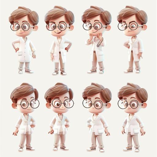 Create a character in various positions and expressions, for a children's story. Character characteristics. boy, beautiful, light white skin, very light brown straight hair, small eyes, with glasses, dressed as a veterinarian. Place the character on a white background in various positions and expressions. ,disney style, chibi, full body, cute, smiling, unreal engine, detailed, ultra high definition, 8k