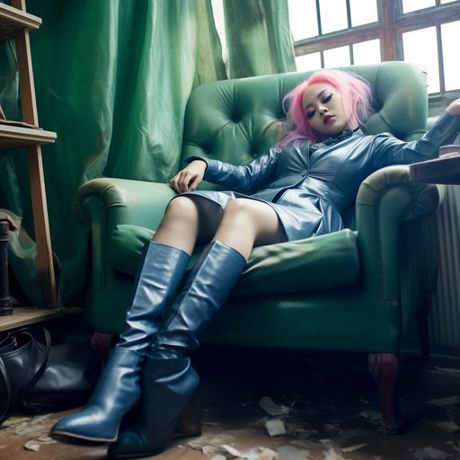 realistic picture editorial blue tinted with light pink hair high fashion model asian girl laying in a green leather chair and blue transparent tights in an abandonned empty house pale color palette