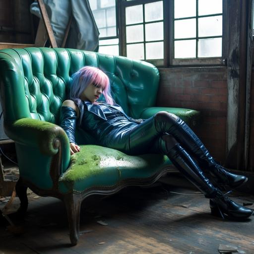 realistic picture editorial blue tinted with light pink hair girl laying in a green leather chair and blue transparent tights in an abandonned empty house