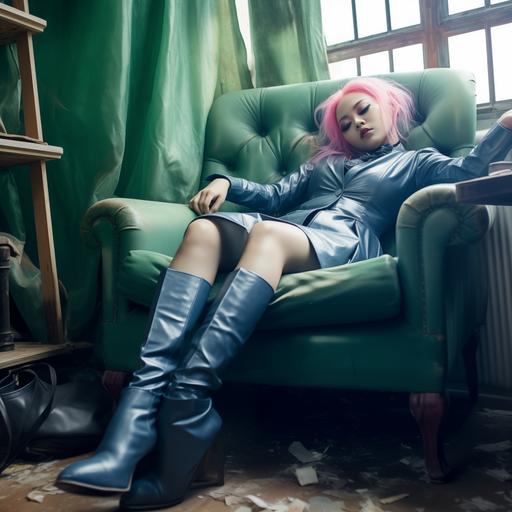 realistic picture editorial blue tinted with light pink hair high fashion model asian girl laying in a green leather chair and blue transparent tights in an abandonned empty house pale color palette