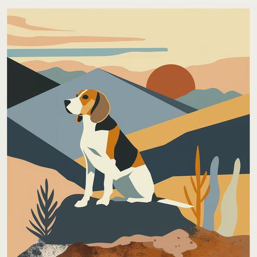 A minimalist drawing of a beagle hound mixed shepherd dog sitting in the desert. Background: an abstract, color-blocked setting of the desert with mountains, a sunset and desert plants, navy blue, orange, yellow shades. Created Using: simple geometric shapes, pastel color scheme, minimal details, strong outlines, cartoon style, abstract background, soothing tones, hand-drawn texture, show the entire body zoomed out