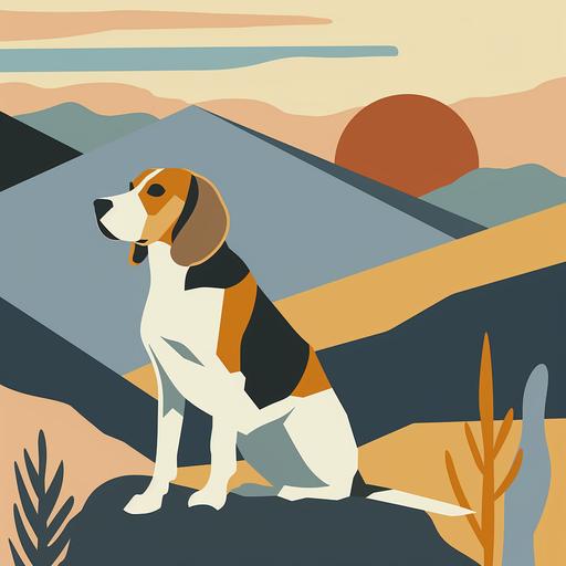 A minimalist drawing of a beagle hound mixed shepherd dog sitting in the desert. Background: an abstract, color-blocked setting of the desert with mountains, a sunset and desert plants, navy blue, orange, yellow shades. Created Using: simple geometric shapes, pastel color scheme, minimal details, strong outlines, cartoon style, abstract background, soothing tones, hand-drawn texture, show the entire body zoomed out