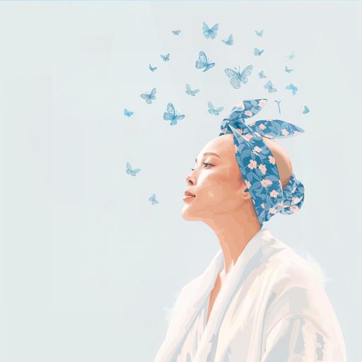 Minimal, Simple Vector Style, beautiful elegant, white background, no shadows, no realistic photo details, beautiful bald asian woman battling cancer, wearing a white cardigan, blue floral bandana on head, dreaming away, image depicts strength to overcome, butterfly in the background