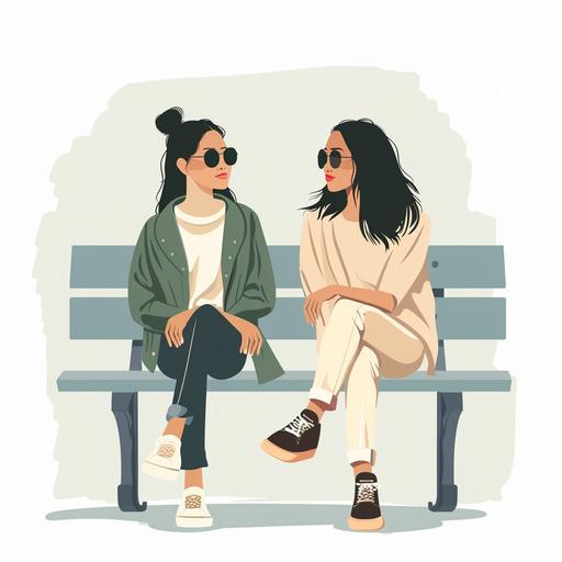 Minimal, Simple Vector Style, beautiful elegant, white background, no shadows, no realistic photo details, 2 beautiful asian women wearing casual clothes, sunglasses, sitting on a bench talking, photo depicts friendship, smiling, stunning hair and face detailing