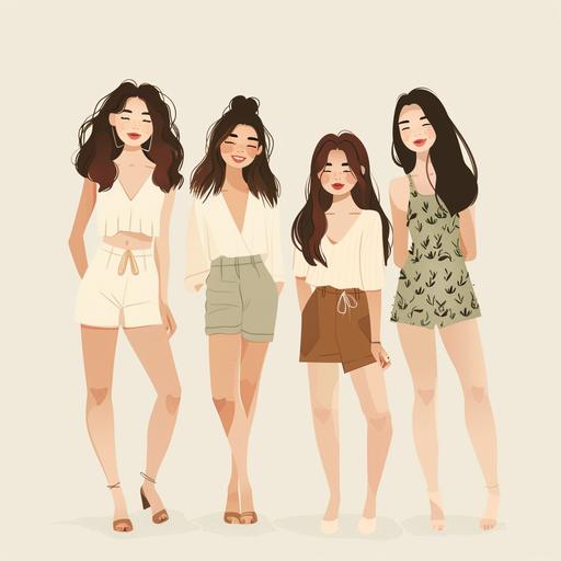 Minimal, Simple Vector Style, beautiful elegant, white background, no shadows, no realistic photo details, full body image of 4 beautiful asian women with various body shapes and sizes, different looks, wearing cute EDM clothes, standing in a line smiling, depicting friendship, stunning face and hair detailing, use neutral tones and colors