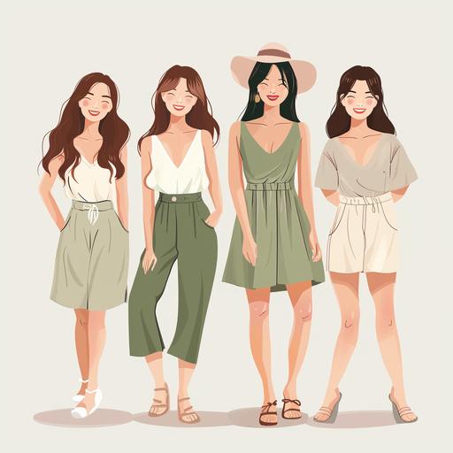 Minimal, Simple Vector Style, beautiful elegant, white background, no shadows, no realistic photo details, full body image of 4 beautiful asian women with various body shapes and sizes, different looks, wearing cute casual summer clothes, standing in a line smiling, depicting friendship, stunning face and hair detailing, neutral green, beige and white tones --v 6.0