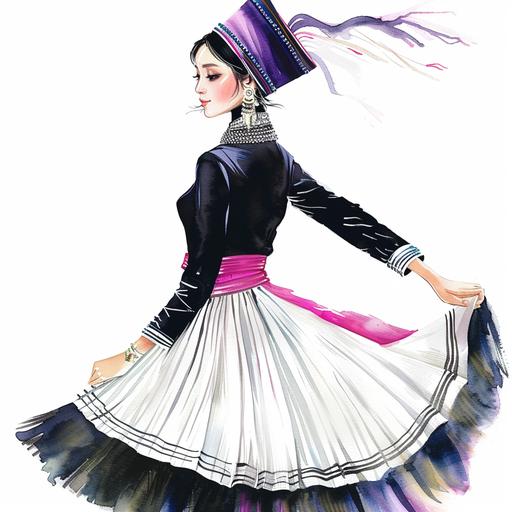 Minimal, simple vector design, watercolor sketch, Asian Hmong woman wearing traditional hmong clothing, white pleated skirt. Hot pink sash with gold specks, black velvet long-sleeved shirt, silver layered necklace, purple turbin on head with black and white stripes along the middle, silver earrings, twirling skirt, smokey eye makeup, side view, white background
