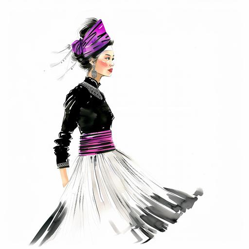 Minimal, simple vector design, watercolor sketch, stunning face and hair detailing, beautiful Asian Hmong woman wearing traditional hmong clothing, white pleated skirt and high heels, Hot pink sash with gold specks, black velvet long-sleeved shirt, silver layered necklace, purple turbin on head with black and white stripes along the middle, silver earrings, twirling skirt, smokey eye makeup, side view, white background