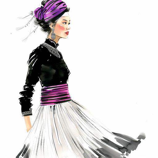 Minimal, simple vector design, watercolor sketch, stunning face and hair detailing, beautiful Asian Hmong woman wearing traditional hmong clothing, white pleated skirt and high heels, Hot pink sash with gold specks, black velvet long-sleeved shirt, silver layered necklace, purple turbin on head with black and white stripes along the middle, silver earrings, twirling skirt, smokey eye makeup, side view, white background