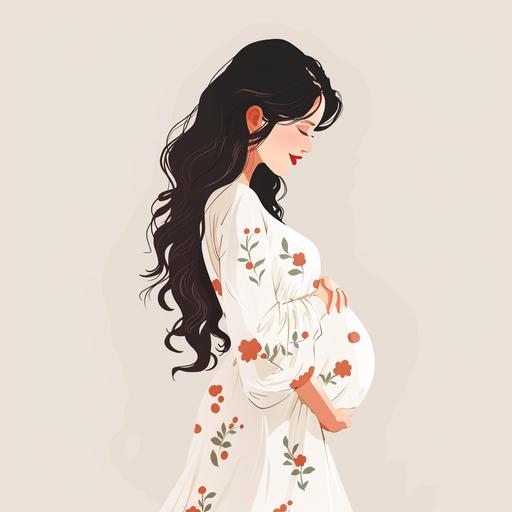 Minimalistic, Simple Vector Style, white background, no shadows, no realistic photo details, show the full body of a beautiful pregnant asian woman with long wavy black hair, red lips, wearing a white floral dress, embracing her belly, smiling, side view