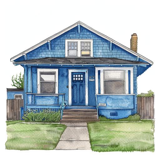 Watercolor, line drawing, beautiful blue bungalow house, curb appeal, green grass, white background