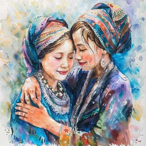 teenage hmong girl and her hmong mom hugging. They are wearing modern hmong clothes in batik style, 7 layer silver necklaces and traditional head wrap. make the image a watercolor.