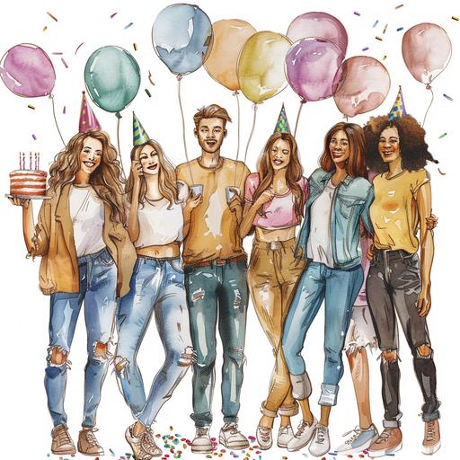 watercolor illustrastion, stunning hair and face detailing, beautiful diverse group of friends celebrating a birthday, balloons, party hats, cake, show full body wearing casual clothes, white background