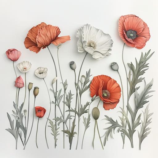 watercolor, pencil illustration of a white background showing a variety of cut out poppy flowers dislayed