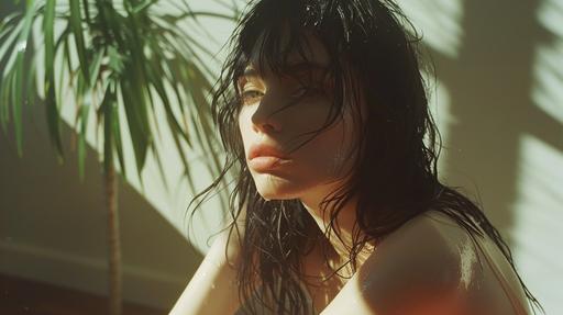 STYLE: petra collins style, film photo, commercial photography | EMOTION: fresh, relax, peaceful, free | SCENE: 20 year old very beautiful franch girl sit on stool, black wet hair and green eyes | TAGS: peaceful, wet hair, plants | LOCATION TYPE: inside | SHOT TYPE: Side angle, cowboy shot | LIGHTING: beautiful lighting and shadow | PRODUCTION: cosmetic advertisement | TIME: golden Hour --ar 16:9 --v 6.0