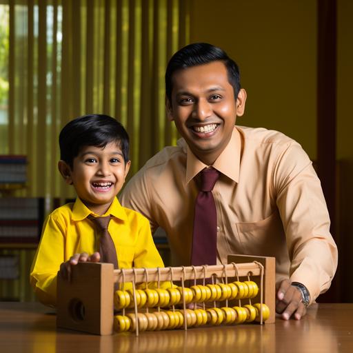 confident Indian teacher with happy child with Teacher Abacus in Yellow colour