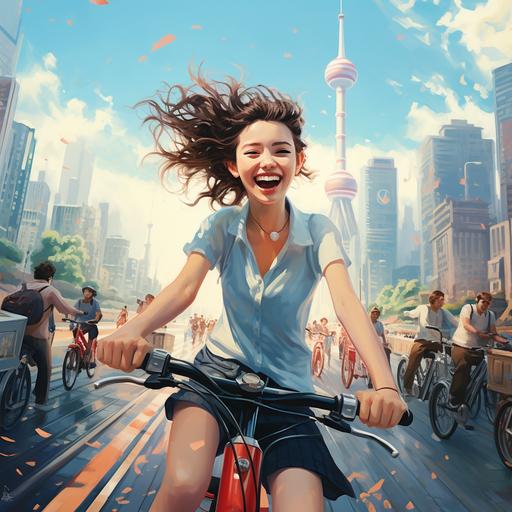 Shanghai, City , poster , Electric bicycles riding in the city , girl , happy