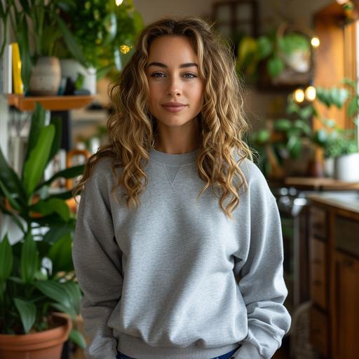 A woman with her hair curled, facing the camera, standing in her quaint beach styled kitchen with house plants in the background. She is modeling a plain sport grey heathered colored crewneck sweatshirt. The sweatshirt does not have any design on it --v 6.0 --s 250