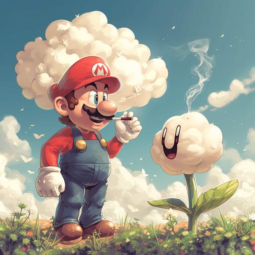 Design a cartoon illustration featuring Super Mario standing next to a Cloud Flower, a power-up from the Mario series. Super Mario should be depicted in his classic attire, wearing a red cap and blue overalls, with his characteristic mustache and cheerful expression. He is smoking a joint. The Cloud Flower should be shown as a fluffy, white flower with a smiling face, emitting puffy clouds. The cloud flower should look high. Mario should be looking excitedly at the Cloud Flower, perhaps reaching out to touch it with anticipation. The background can be a bright, sunny sky with fluffy clouds to complement the theme of the Cloud Flower. The overall tone should be light-hearted and joyful, capturing the whimsical essence of the Mario universe --v 6.0 --s 250