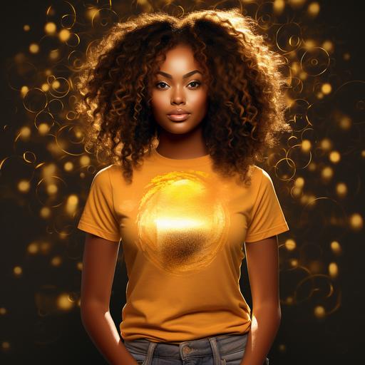 create a relistic photo for t shirt mock . the girl is african american with coily hair. she is wearing a gold t shirt. pay special attention to the details of the shirt and lighting . background is at an outside event.