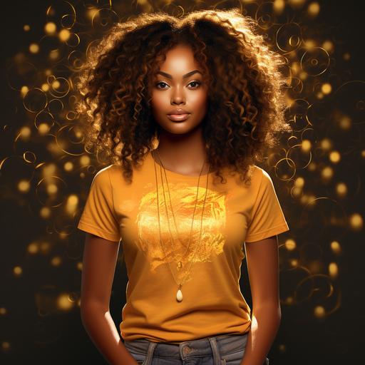 create a relistic photo for t shirt mock . the girl is african american with coily hair. she is wearing a gold t shirt. pay special attention to the details of the shirt and lighting . background is at an outside event.