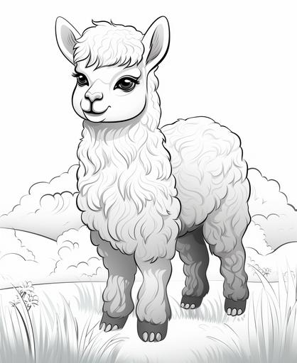 coloring page for kids, Alpaca, cartoon style, thick line, low detailm no shading --ar 9:11