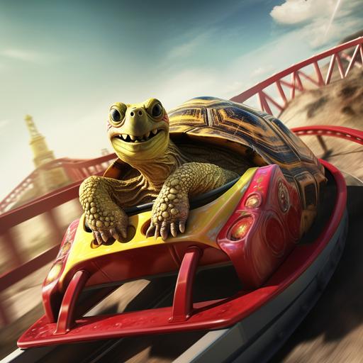 a turtle riding a ferrari roller coaster