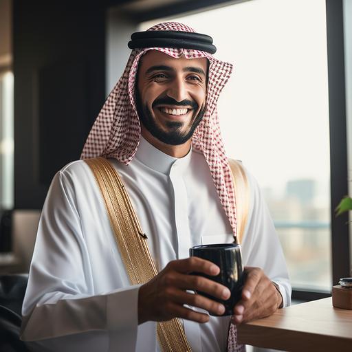 Saudi man holding a black coffee mug wearing traditional clothes in office setting, bright light, optimistic, photography