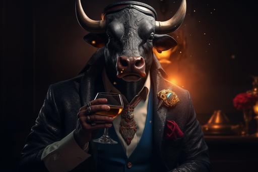 gangster drinks wine with a bull. black clothes, leather, lots of jewelry. The bull has colorful, crazy clothes. hyper realistic, in a modern style - --ar 3:2 --s 750 --v 5.0