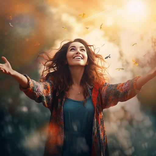 A happy WOMAN IN NATURE RAISING HER HANDS PRAISING GOD, realistic, photography beautiful colors, 4k
