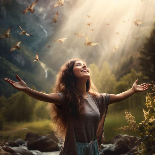 A happy WOMAN IN NATURE RAISING HER HANDS PRAISING GOD, realistic, photography beautiful colors, 4k