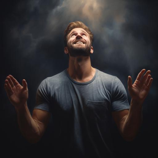 a man lifting his hands up praising God from the back, portrait, ultrarealistic, 4k