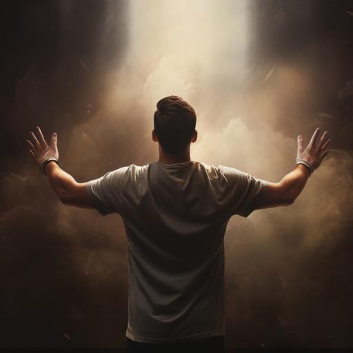 a man lifting his hands up praising God from the back, portrait, ultrarealistic, 4k