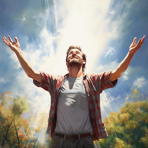 a man praising with his hands lifted to the sky, bright day, restoration nature,ultra realistic