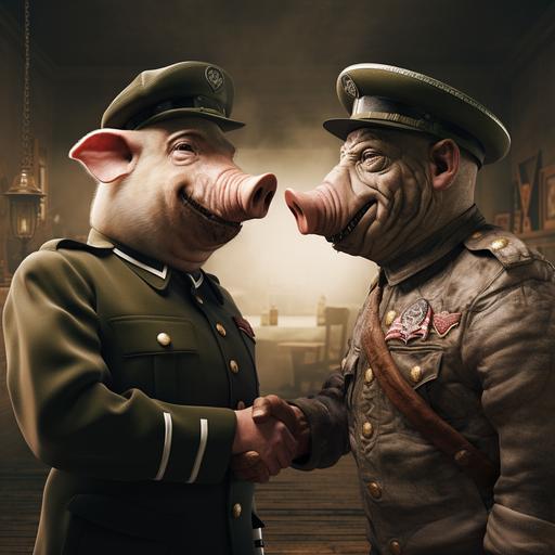 The image depicts two strong pigs, both dressed in soldier uniforms, standing next to each other and exchanging a handshake. The pigs have comical facial expressions and appear ready to collaborate in the scene. This humorous juxtaposition between pigs and soldier attire can be amusing or symbolize a specific concept depending on the context of the image