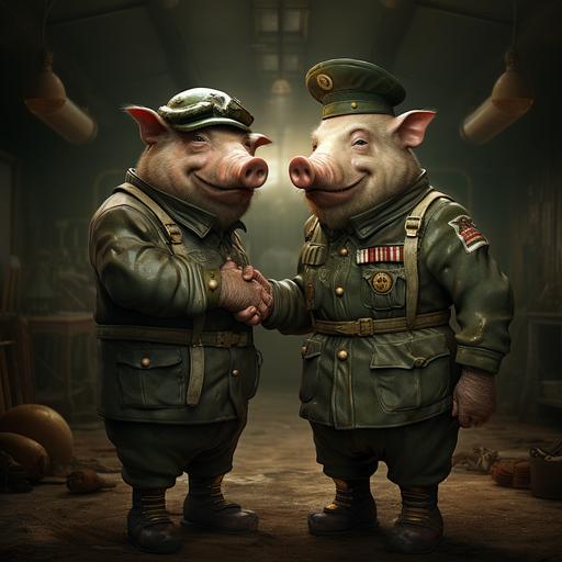 The image depicts two strong pigs, both dressed in soldier uniforms, standing next to each other and exchanging a handshake. The pigs have comical facial expressions and appear ready to collaborate in the scene. This humorous juxtaposition between pigs and soldier attire can be amusing or symbolize a specific concept depending on the context of the image