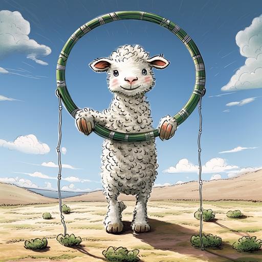 cartoon in the style of Far Side, baby-faced lamb on hind feet twirling a hoola hoop around its waist on green grass--v 5.2 --v 5.2 --s 250