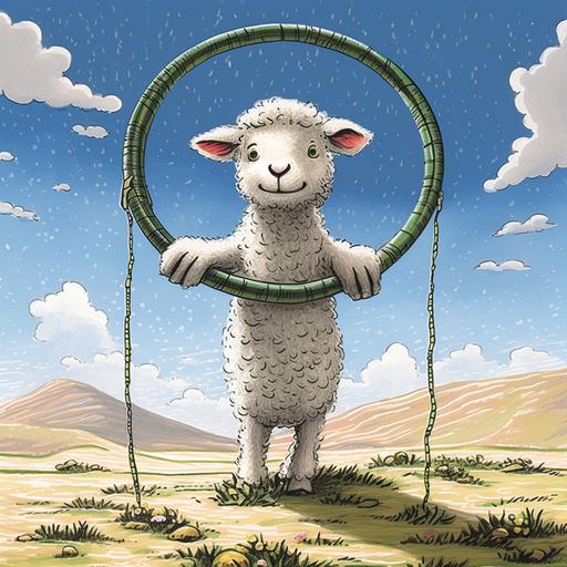 cartoon in the style of Far Side, baby-faced lamb on hind feet twirling a hoola hoop around its waist on green grass--v 5.2 --v 5.2 --s 250