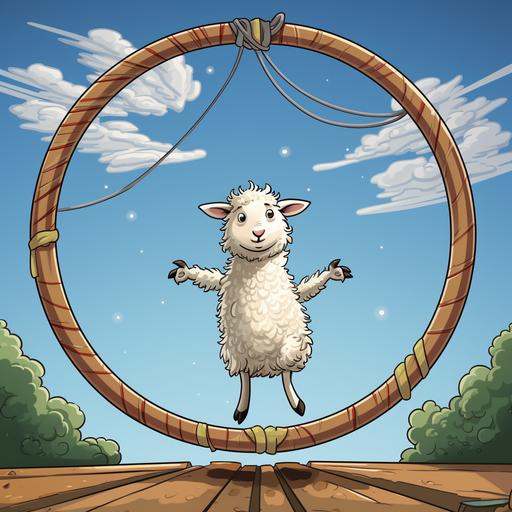 cartoon in the style of Far Side, lamb on hind feet twirling hoola hoop --v 5.2 --s 250