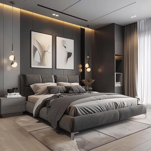 A bedroom for a young couple with an area of 3.5x5.5m can be designed in a modern and luxurious style with gray tones, creating a comfortable and cozy space. Below is a detailed description of the design: 1.Color and Arrangement: