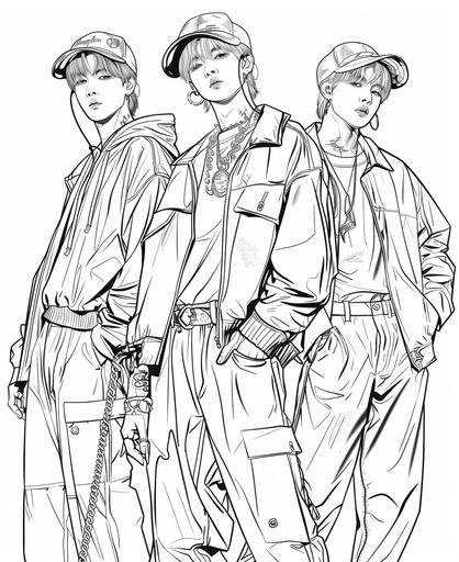 coloring page for adults, full length, k-fashion, idol, kpop, boygroup, illustration, singer, ear mike, uniform, bts, standing on the stage, concert, dance, choreography, celebrity, skinny outfits, cartoon style, from head to toe, low detail no shading, two or three people of different charms and face, 185cm tall, fancy accessories, a variety of hairstyles --ar 9:11