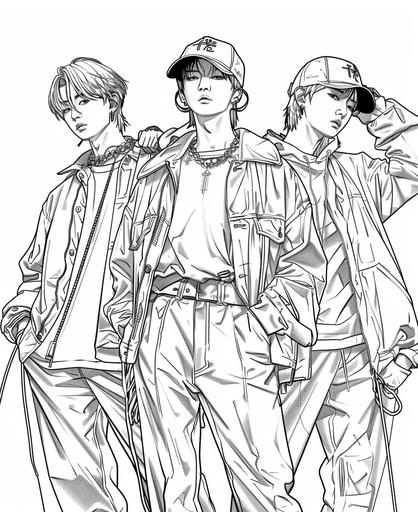 coloring page for adults, full length, k-fashion, idol, kpop, boygroup, illustration, singer, ear mike, uniform, bts, standing on the stage, concert, dance, choreography, celebrity, skinny outfits, cartoon style, from head to toe, low detail no shading, two or three people of different charms and face, 185cm tall, fancy accessories, a variety of hairstyles --ar 9:11