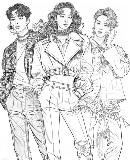coloring page for adults, full length, k-fashion, idol, kpop, boygroup, illustration, singer, ear mike, uniform, bts, standing on the stage, celebrity, skinny outfits, cartoon style, from head to toe, low detail no shading, two or three people of different charms and face, 185cm tall, fancy accessories, a variety of hairstyles, Singing and dancing at the concert hall --ar 9:11