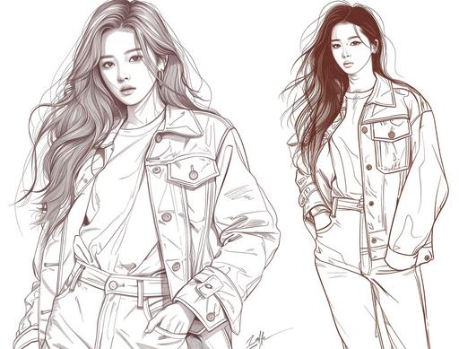 coloring page for adults, full length, k-fashion, idol, kpop, girlgroup, illustration, a woman in a jacket, cartoon style, thick line, low detail no shading --ar 79:60