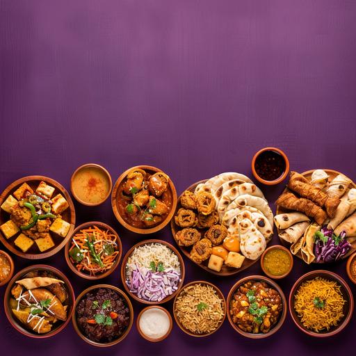 a darkest purple background with a picture of good desserts spread, indian food like curries bowl, biryani, butter naan, chinese food like noodles, fried rice, manchurian., pizza, pasta, ice creams on the lower part of the background. I want the picture in rectangle shape. 3ft width by 5ft height. the food items to be placed only below. the rest is empty