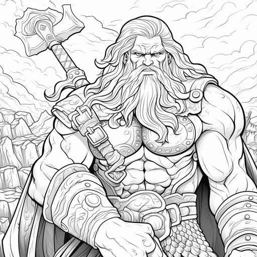 colouring page, barbarian holding a large axe, cartoon style, thick lines, low detail, no shading--ar 9:11