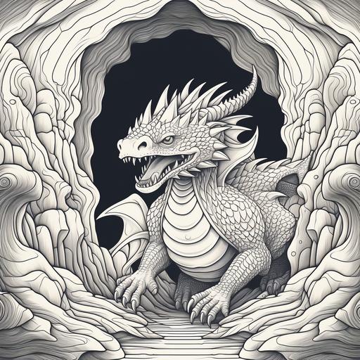 colouring page, fire breathing mythical dragon full body in cave, cartoon style, thick lines, low detail, no shading--ar 9:11