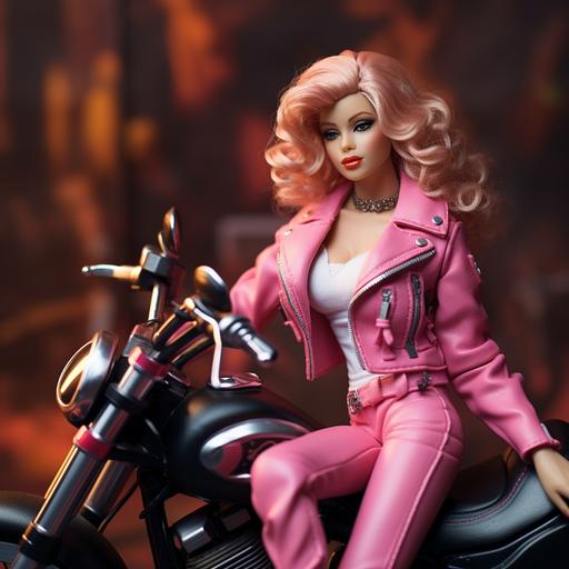 photo of biker Barbie with pink boots and pink leather jacket on a black motorcycle