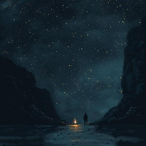 n navigating through a dark night with only the stars and his small fire for light, highlighting the solitude and challenges of his journey.